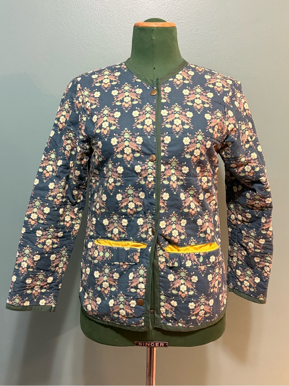 Handmade quilted floral snap front chore jacket